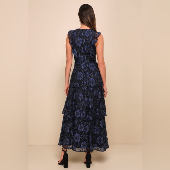 Lulus Molinetto Navy Blue Lace Ruffled Tiered Sleeveless Maxi Dress size Small - Picture 3 of 10